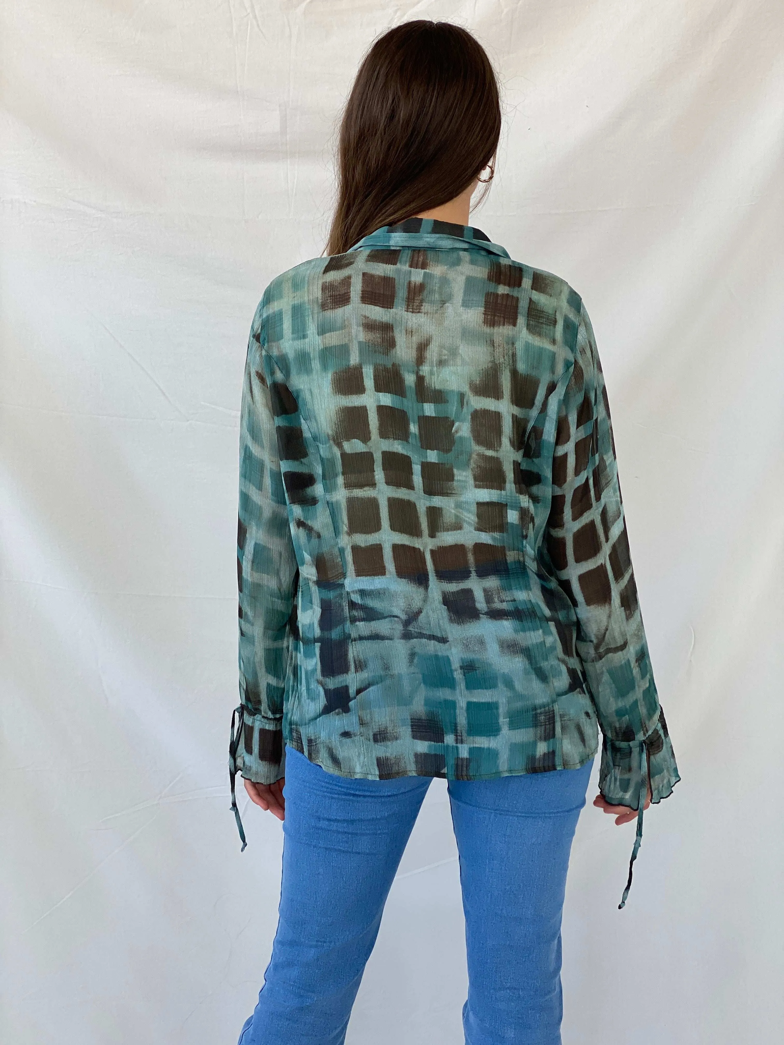 00s Bonita Abstract Blue Ruffled Hem Long Sleeve Shirt - M