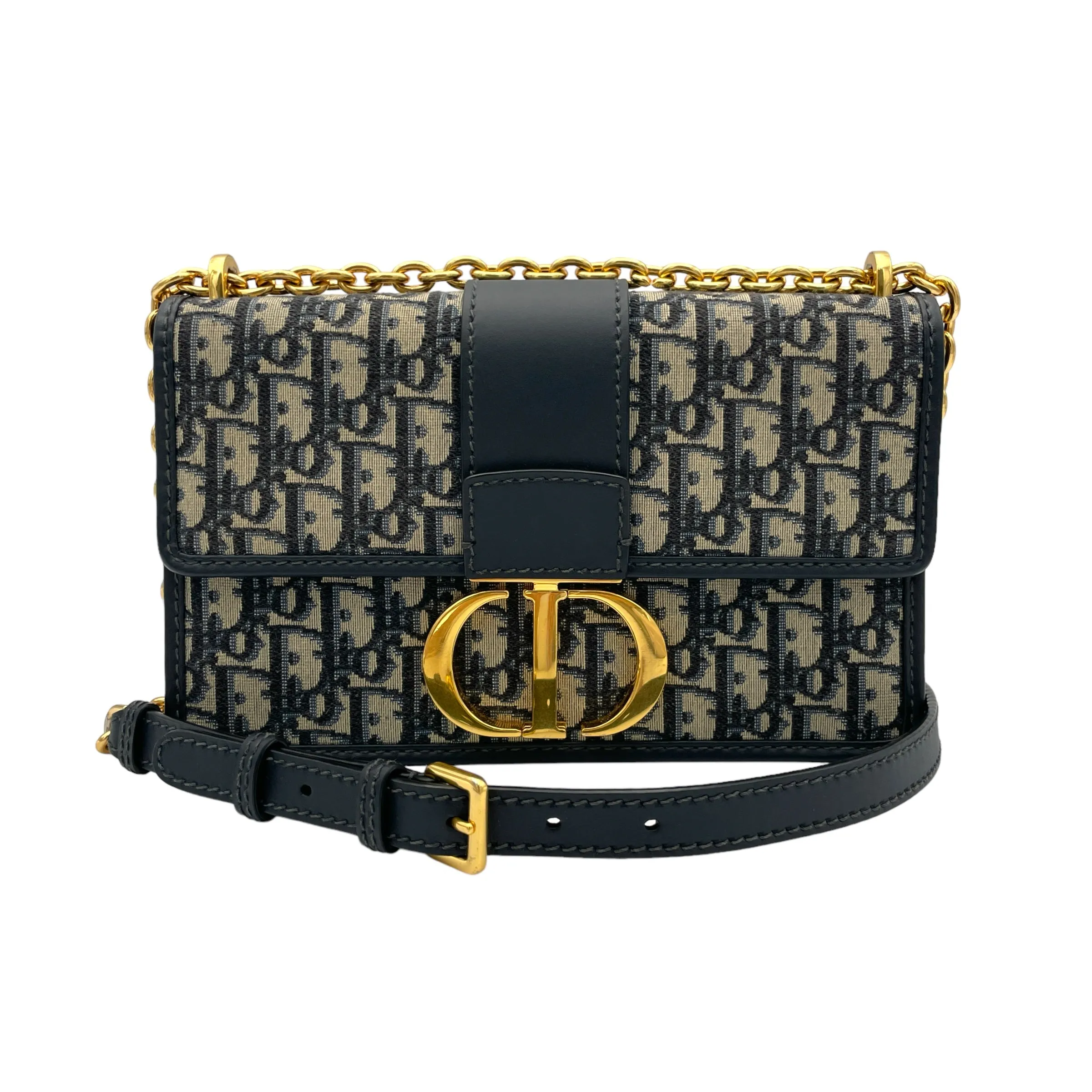 30 Montaigne Medium Blue Shoulder Bag in Canvas, Gold hardware