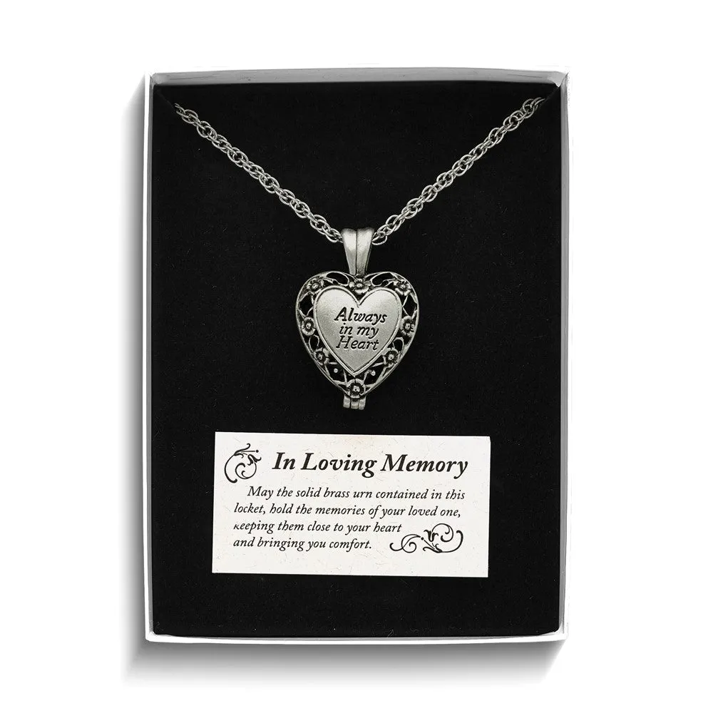 ALWAYS IN MY HEART" Silver-tone Antiqued Heart Locket Memorial with Brass Ash Holder - 24-inch Necklace with Message Card