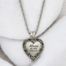 ALWAYS IN MY HEART" Silver-tone Antiqued Heart Locket Memorial with Brass Ash Holder - 24-inch Necklace with Message Card