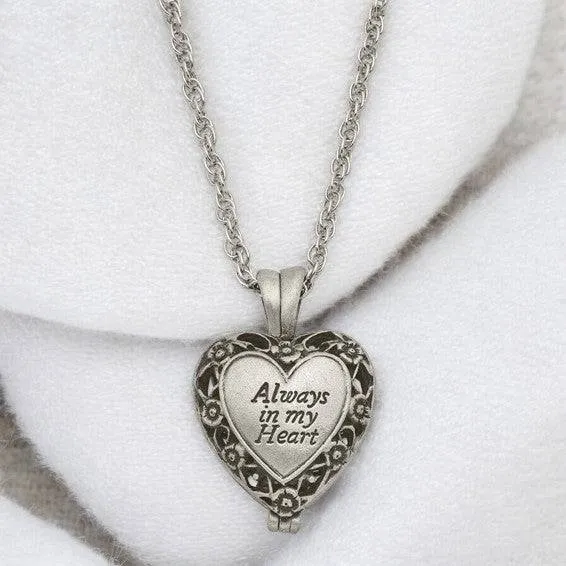 ALWAYS IN MY HEART" Silver-tone Antiqued Heart Locket Memorial with Brass Ash Holder - 24-inch Necklace with Message Card