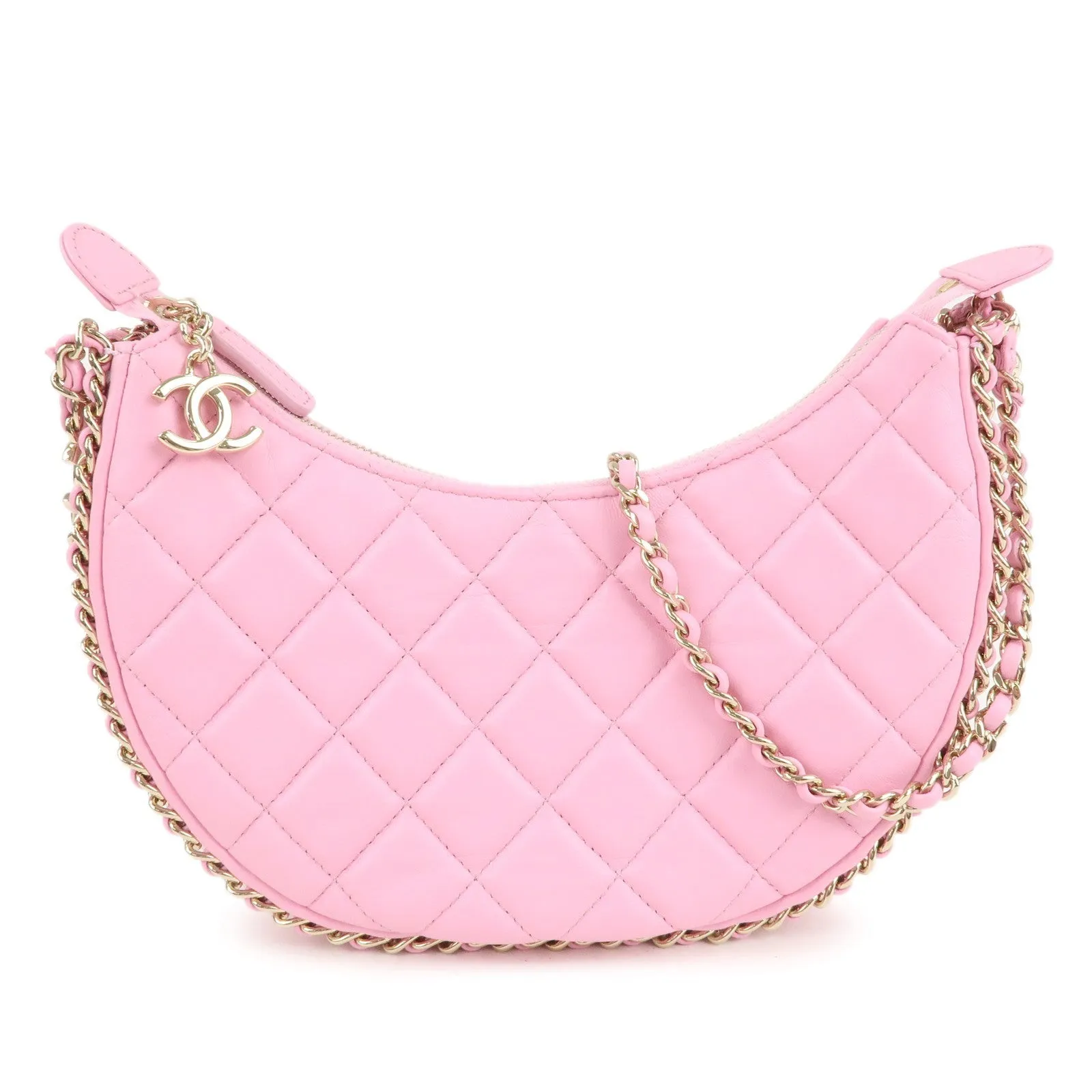 Auth CHANEL Matelasse Lamb Skin Small Hobo Shoulder Bag Pink AS3917 Used F/S