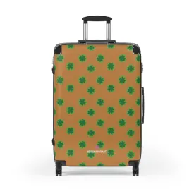 Brown Clover Print Suitcases, Irish Style St. Patrick's Day Designer Suitcase Luggage (Small, Medium, Large)