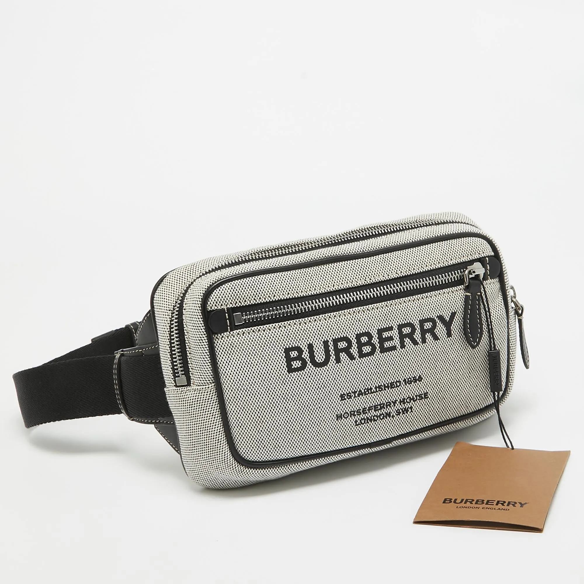 BURBERRY Grey/Black Canvas and Leather West Belt Bag