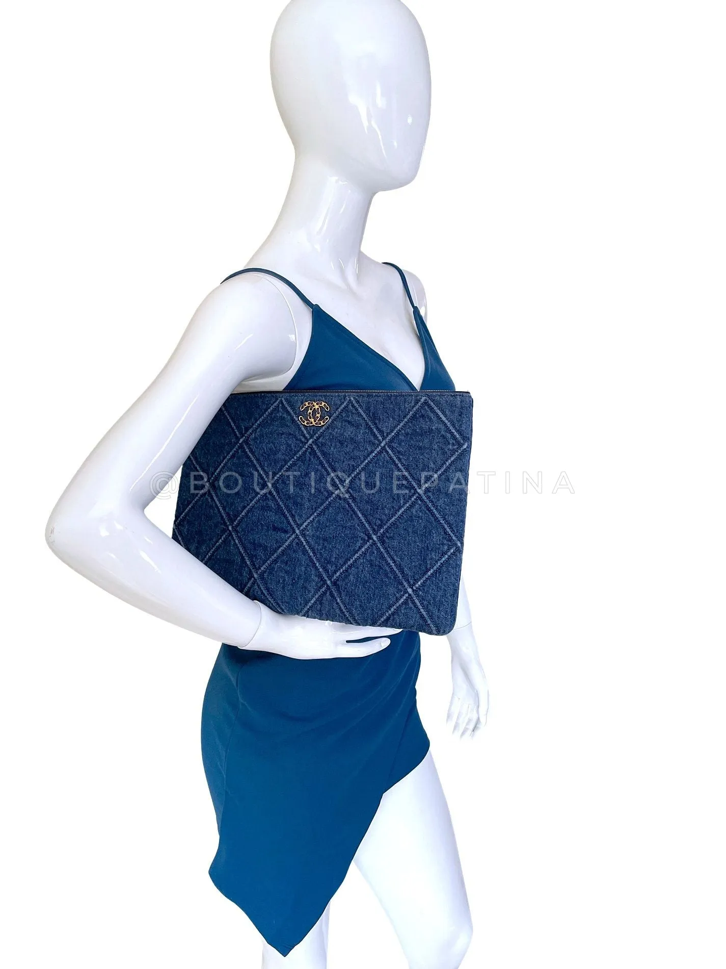 Chanel 19 Blue Denim Large O Case Clutch Bag GHW 6EX
