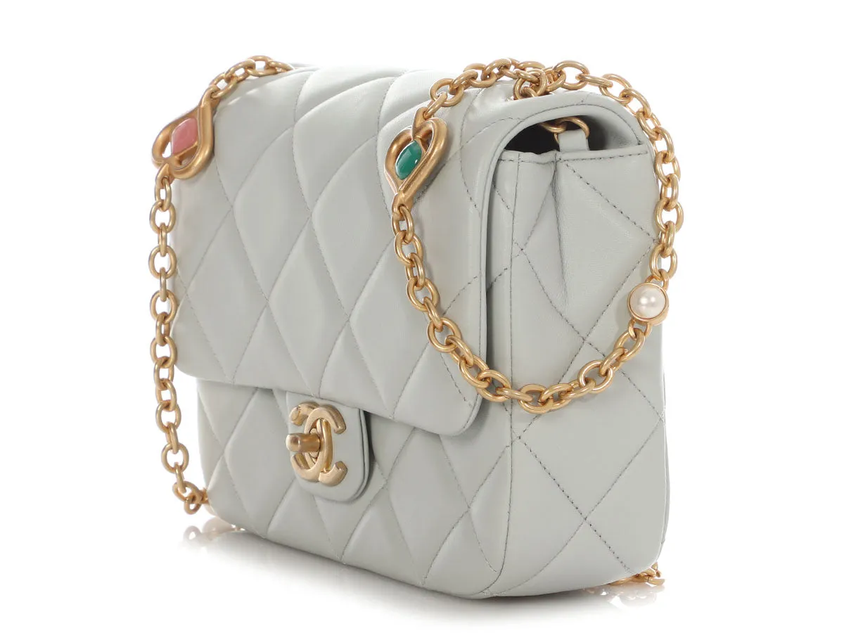Chanel Light Blue Quilted Lambskin Jeweled Chain Flap