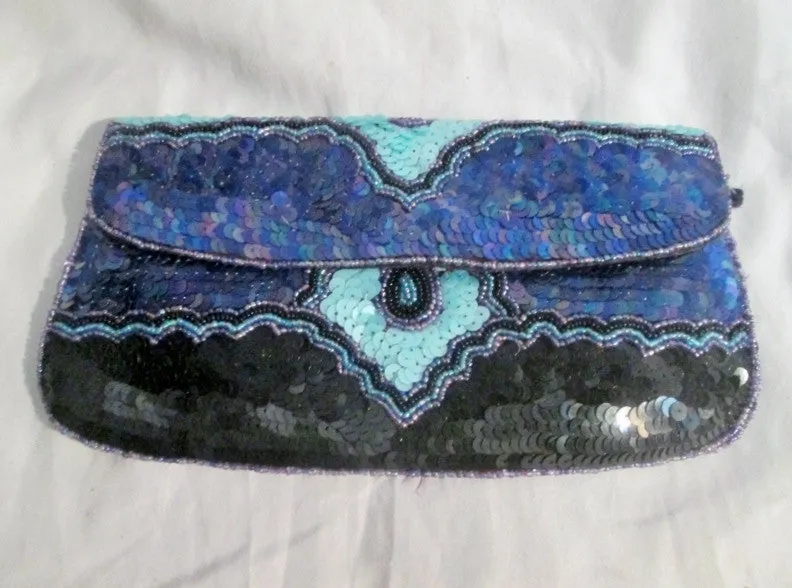 EUC ECOTE EVENING BAG Clutch Sequin Purse Case Pouch PURPLE BLACK Vegan