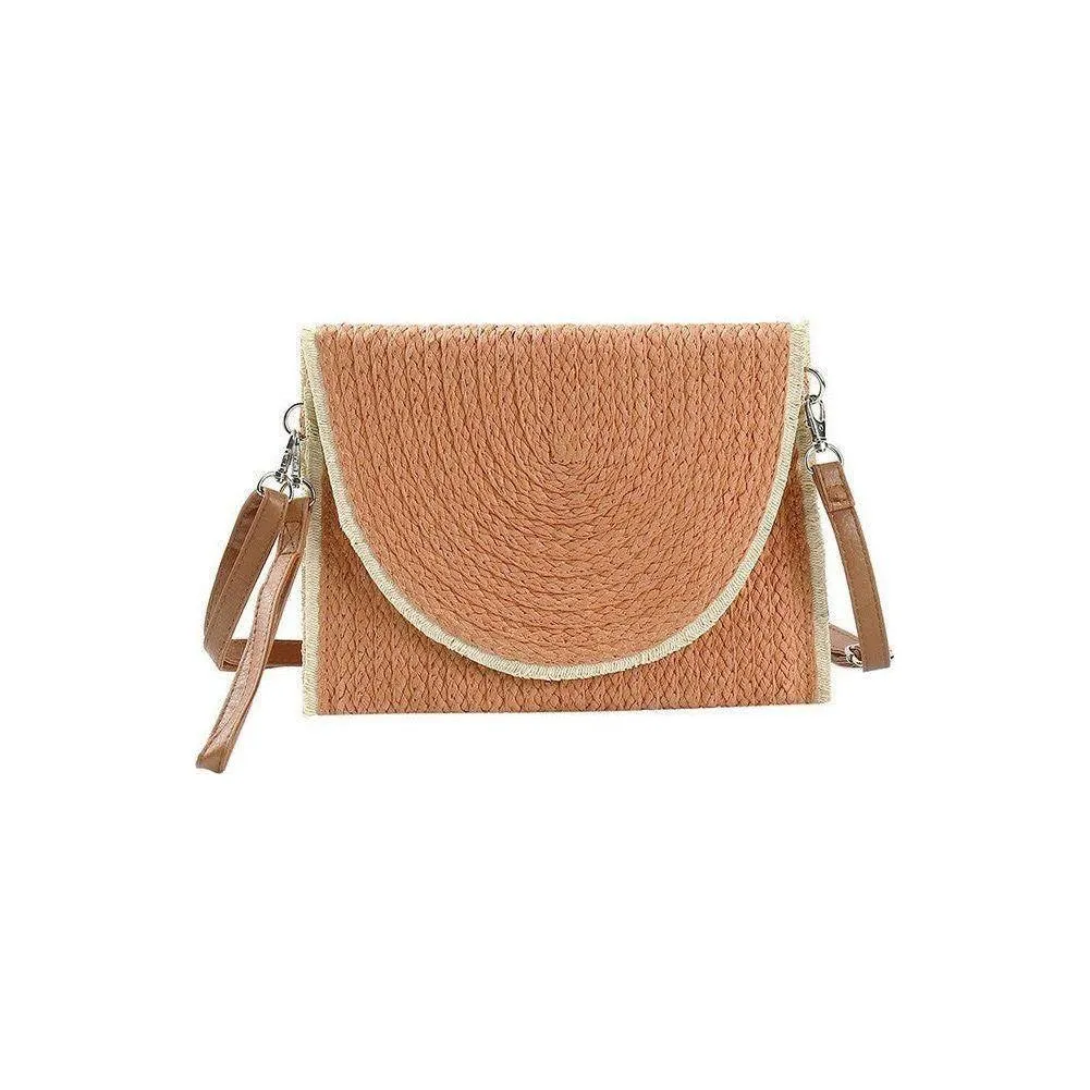 Frayed Trim Two Tone Straw Clutch Crossbody Bag