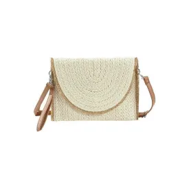 Frayed Trim Two Tone Straw Clutch Crossbody Bag