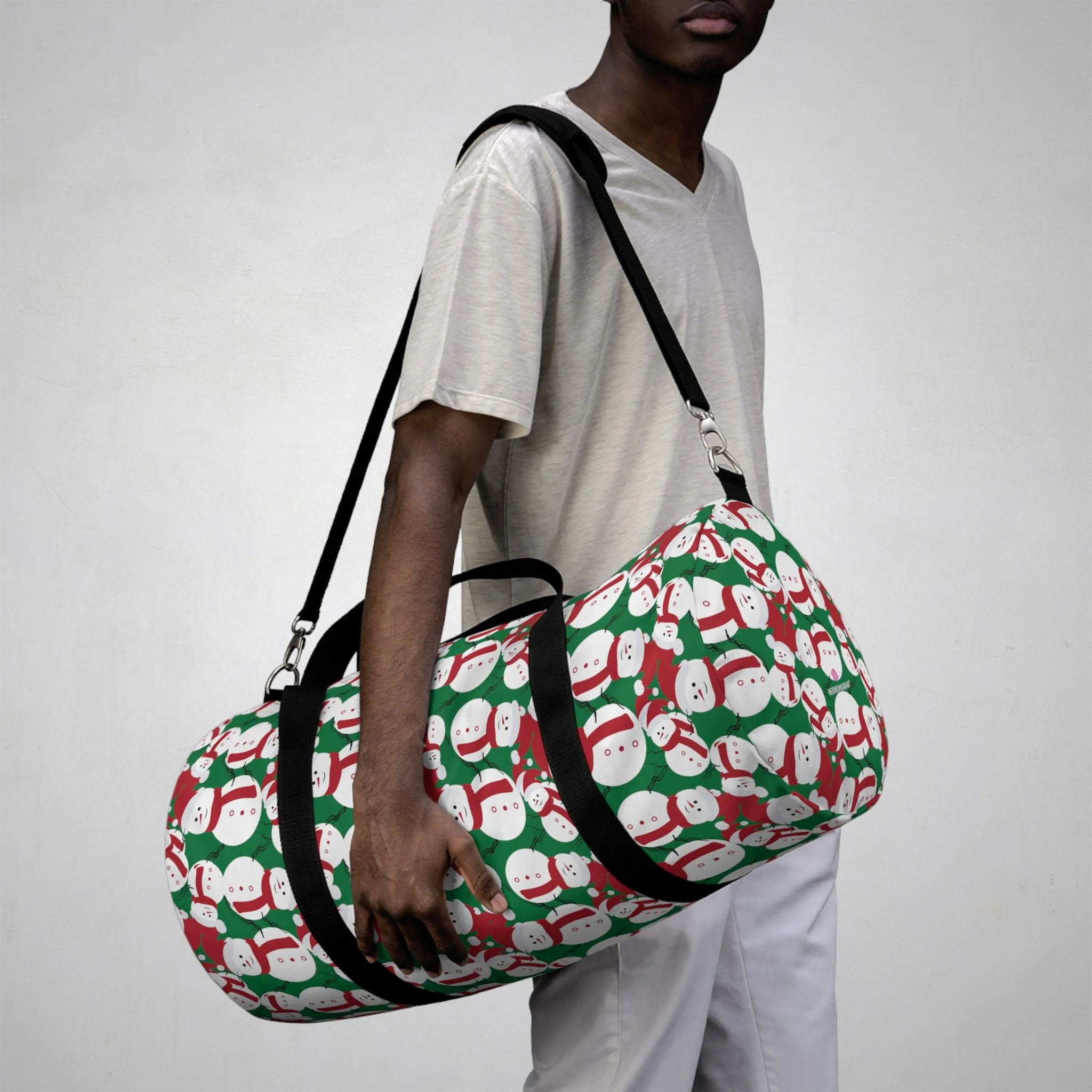 Green Snow Man Duffel Bag, Christmas Snow Man Gym Bag, All Day Small Or Large Size Bag, Made in USA