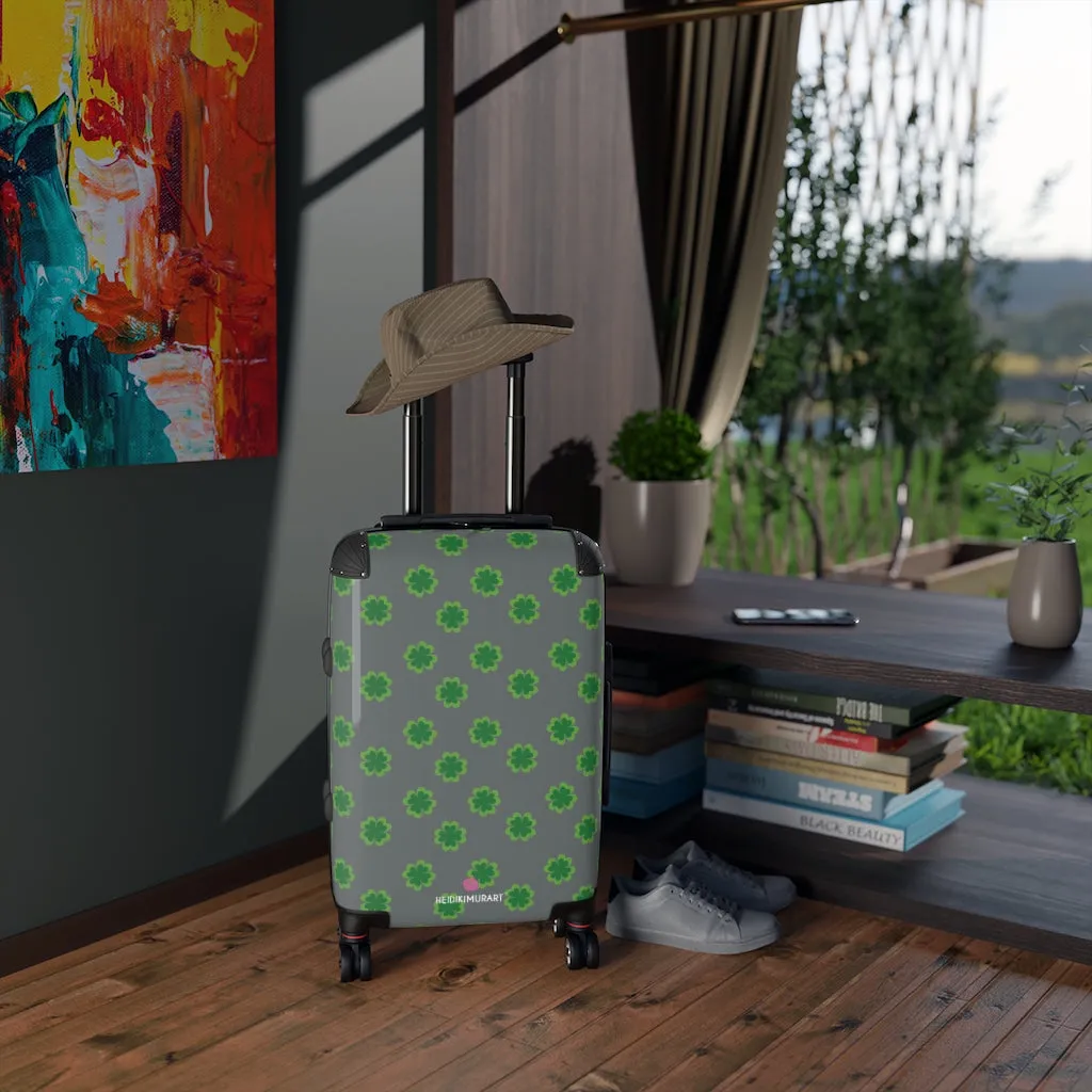 Grey Clover Print Suitcases, Irish Style St. Patrick's Day Designer Suitcase Luggage (Small, Medium, Large)
