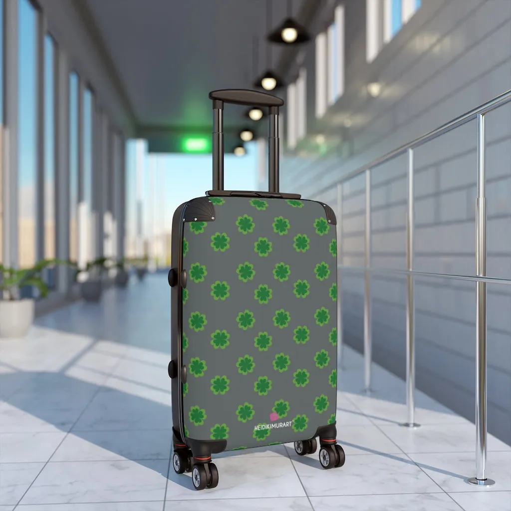 Grey Clover Print Suitcases, Irish Style St. Patrick's Day Designer Suitcase Luggage (Small, Medium, Large)