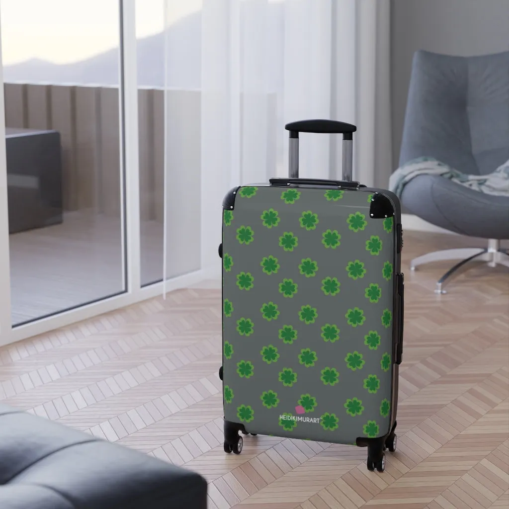 Grey Clover Print Suitcases, Irish Style St. Patrick's Day Designer Suitcase Luggage (Small, Medium, Large)