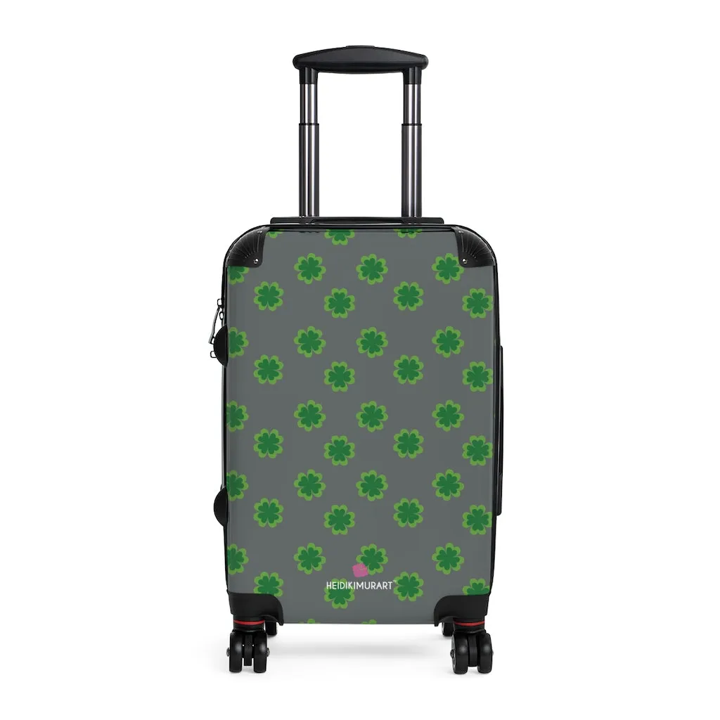 Grey Clover Print Suitcases, Irish Style St. Patrick's Day Designer Suitcase Luggage (Small, Medium, Large)