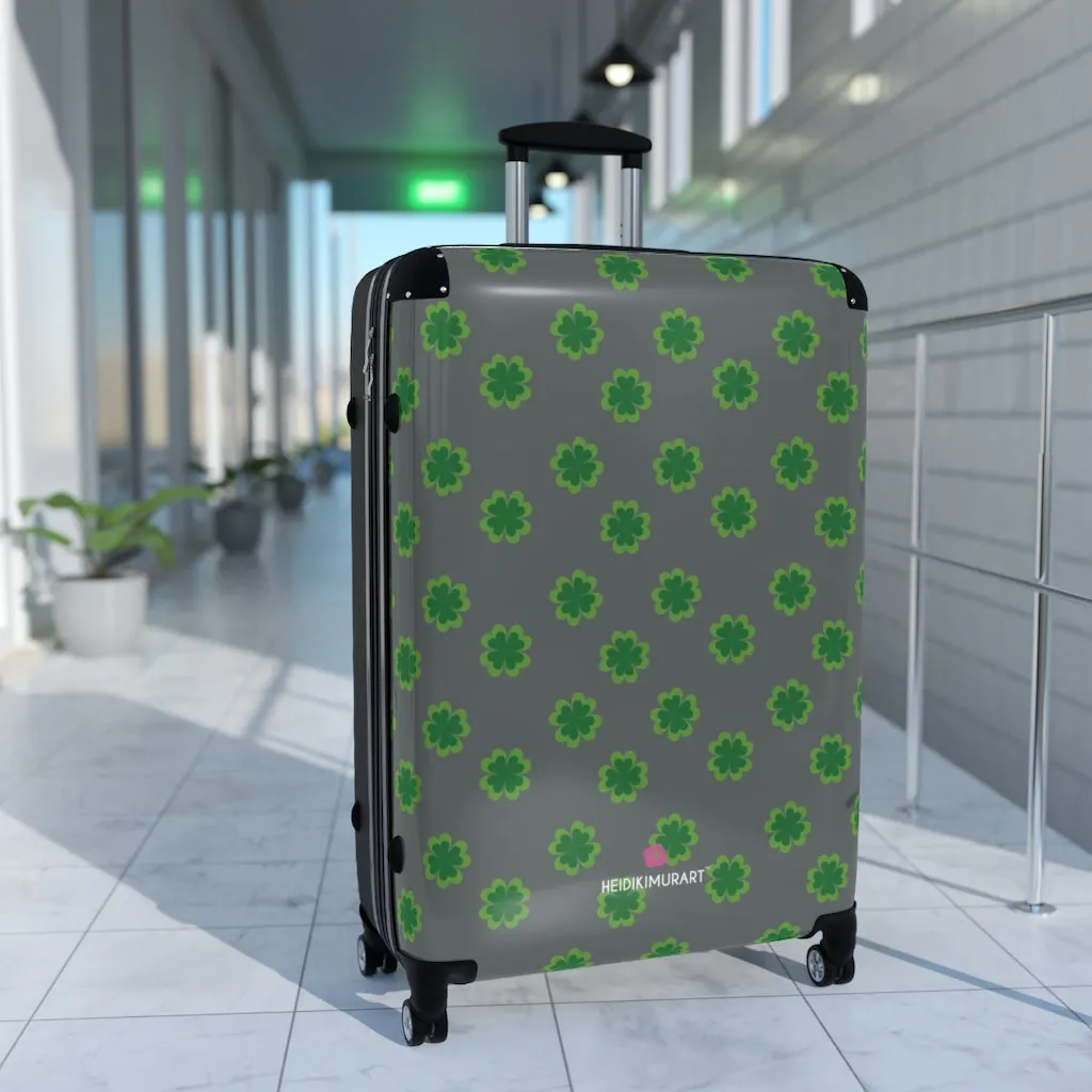 Grey Clover Print Suitcases, Irish Style St. Patrick's Day Designer Suitcase Luggage (Small, Medium, Large)