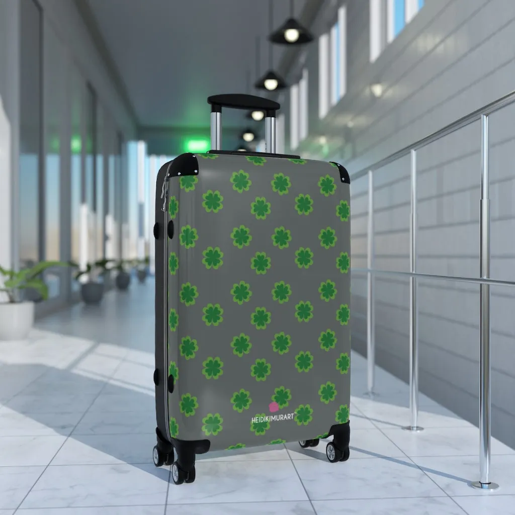 Grey Clover Print Suitcases, Irish Style St. Patrick's Day Designer Suitcase Luggage (Small, Medium, Large)