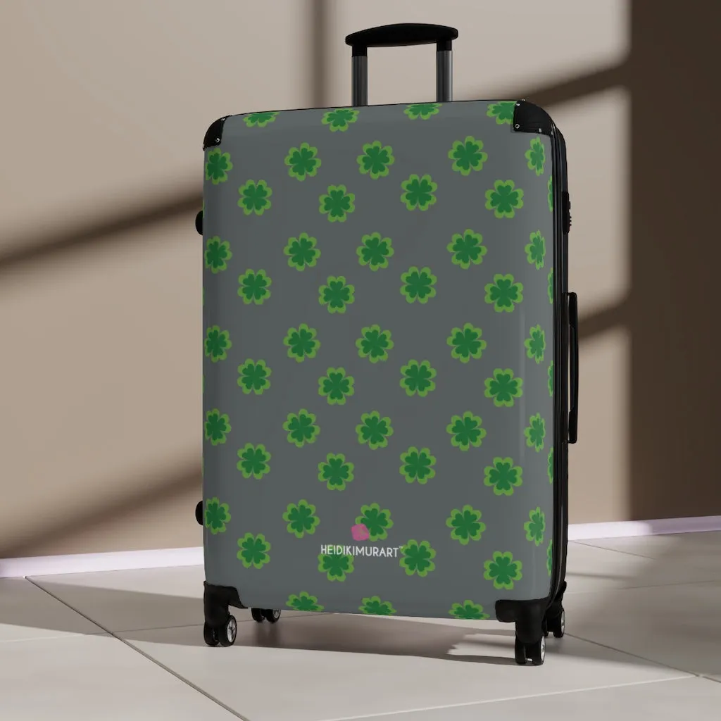 Grey Clover Print Suitcases, Irish Style St. Patrick's Day Designer Suitcase Luggage (Small, Medium, Large)