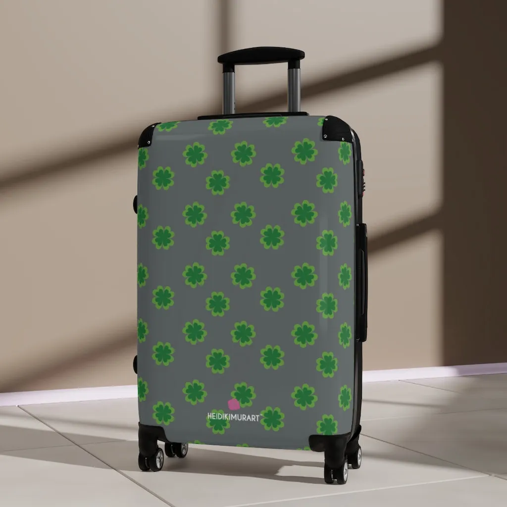 Grey Clover Print Suitcases, Irish Style St. Patrick's Day Designer Suitcase Luggage (Small, Medium, Large)