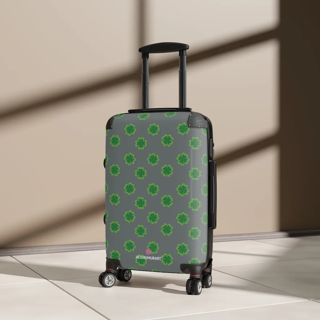 Grey Clover Print Suitcases, Irish Style St. Patrick's Day Designer Suitcase Luggage (Small, Medium, Large)