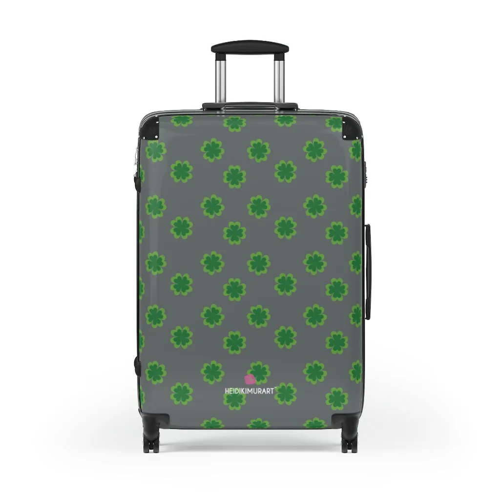 Grey Clover Print Suitcases, Irish Style St. Patrick's Day Designer Suitcase Luggage (Small, Medium, Large)