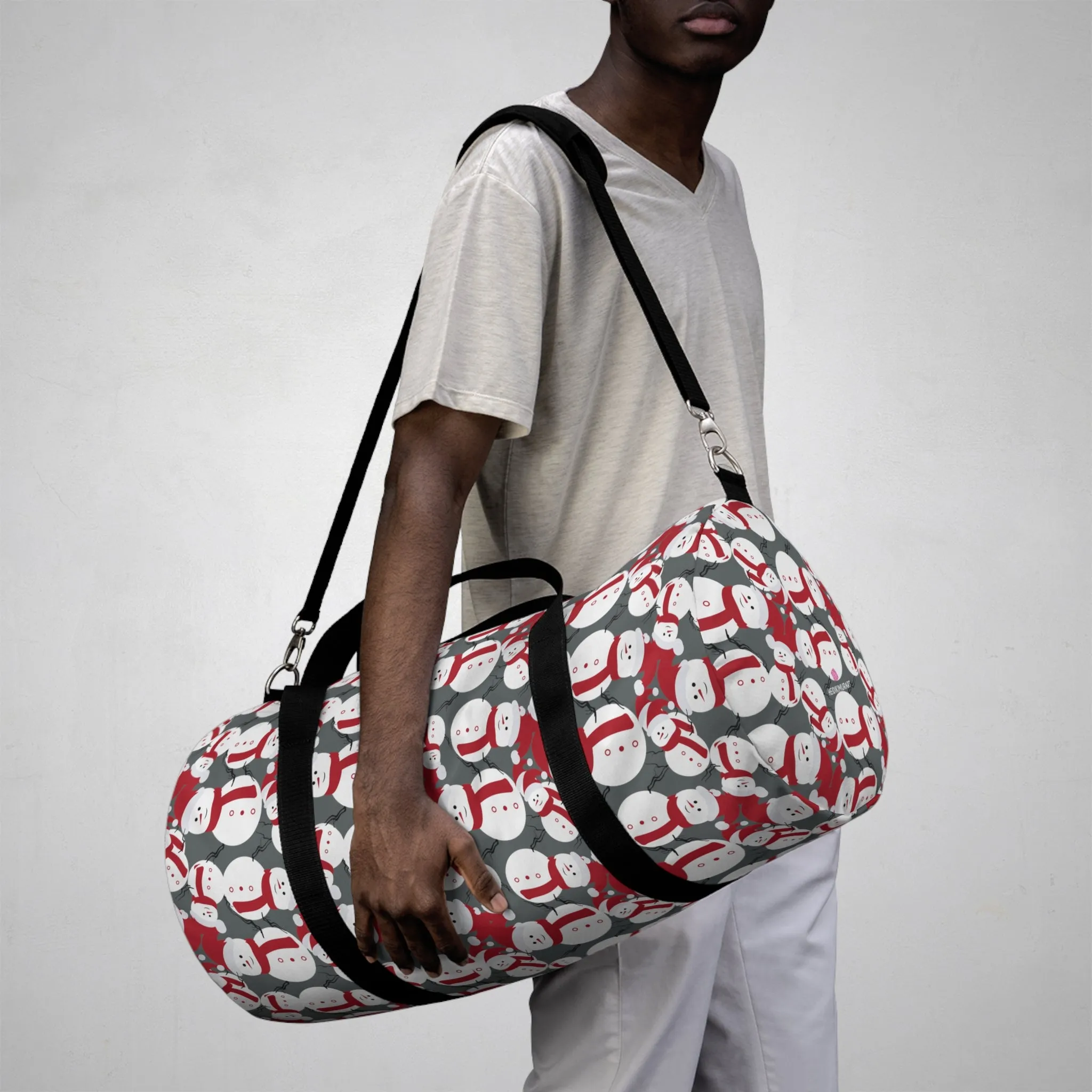 Grey Snow Man Duffel Bag, Christmas Snow Man Gym Bag, All Day Small Or Large Size Bag, Made in USA