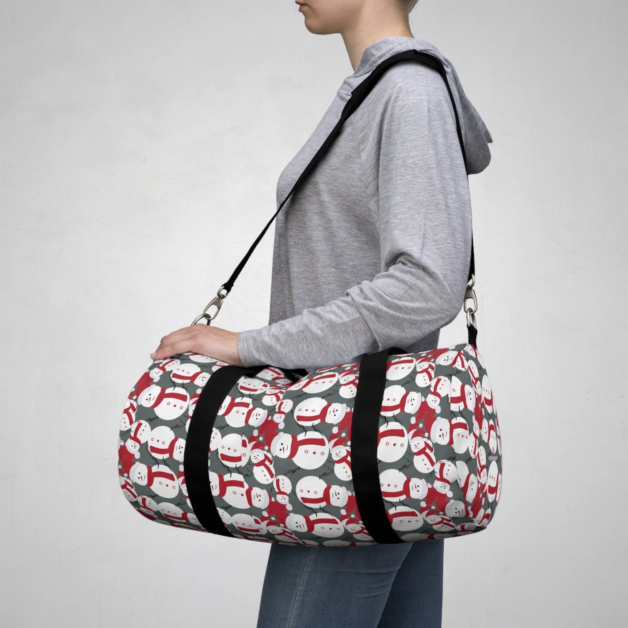 Grey Snow Man Duffel Bag, Christmas Snow Man Gym Bag, All Day Small Or Large Size Bag, Made in USA