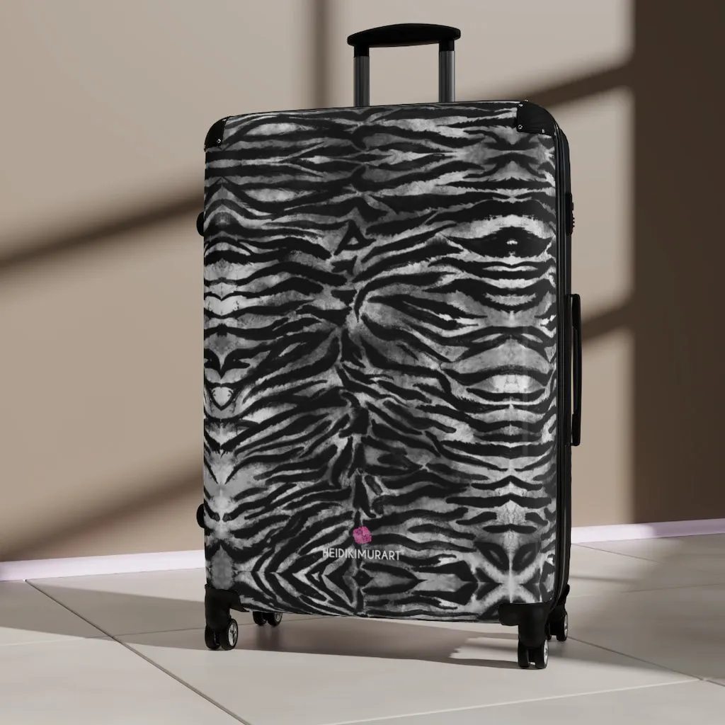 Grey Tiger Striped Print Suitcases, Tiger Striped Animal Print Designer Suitcase Luggage (Small, Medium, Large)