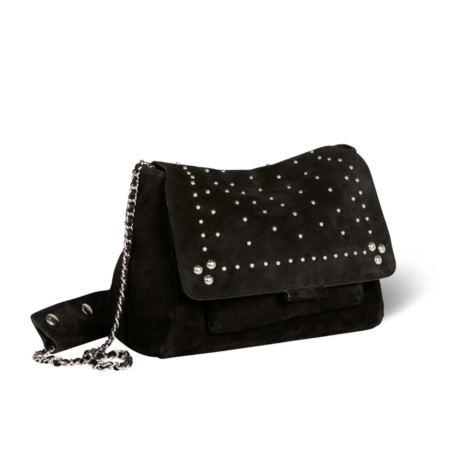 JEROME DREYFUSS LULU BAG (MEDIUM) IN BLACK SUEDE & SILVER