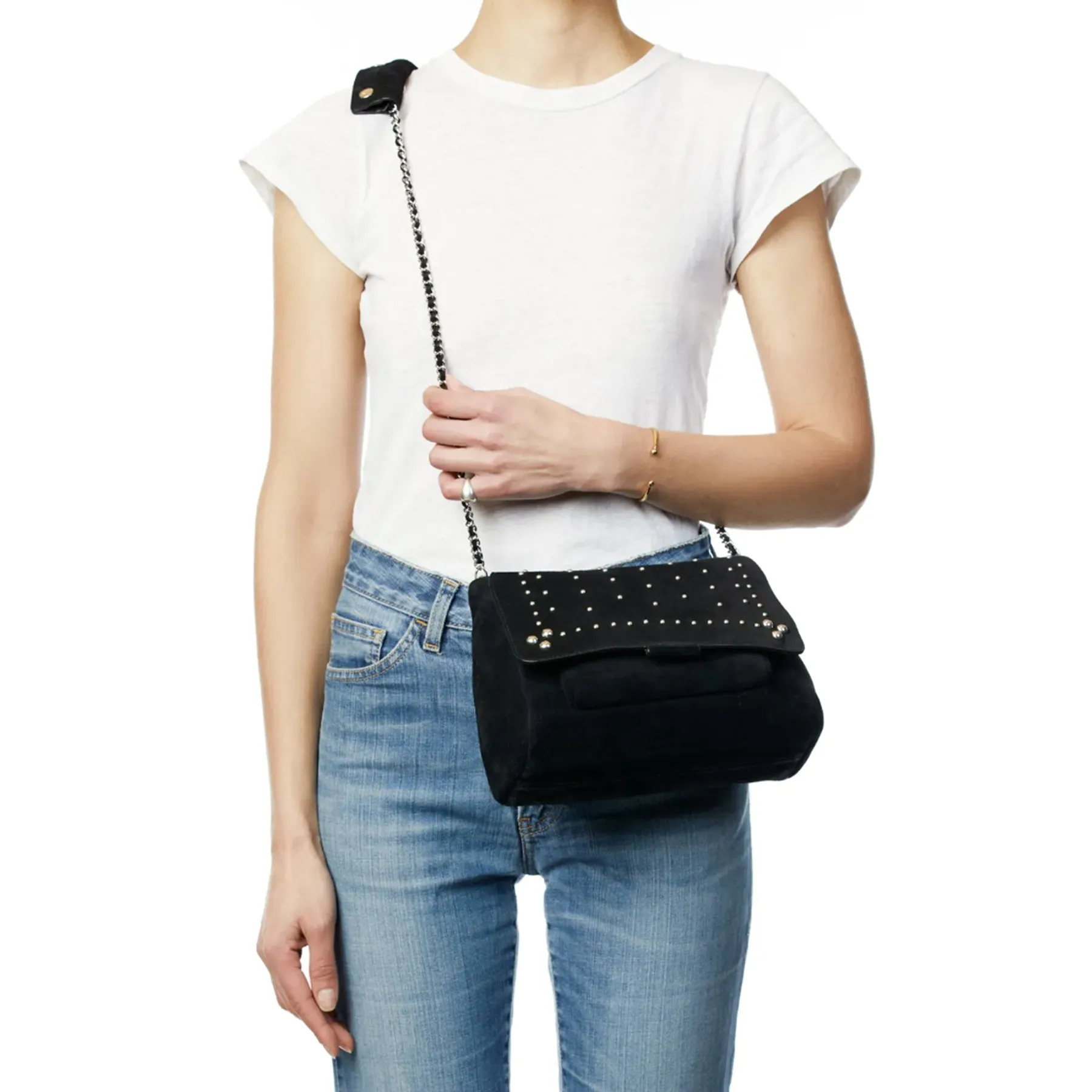 JEROME DREYFUSS LULU BAG (MEDIUM) IN BLACK SUEDE & SILVER