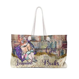 Personalised Weekender Bag, Just A Girl Who Loves Books, Red Hair, Large Weekender Bag, Beach Bag, Book Bag