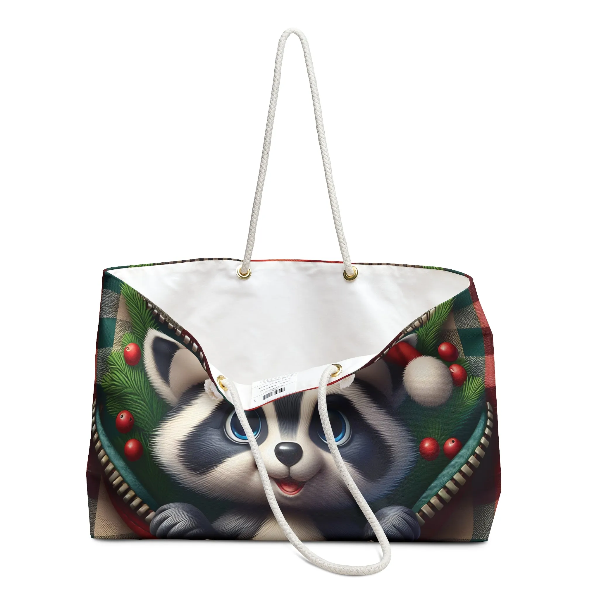 Personalised/Non-Personalised Weekender Bag, Cute Racoon, Christmas, Tartan, Large Weekender Bag, Beach Bag, Book Bag
