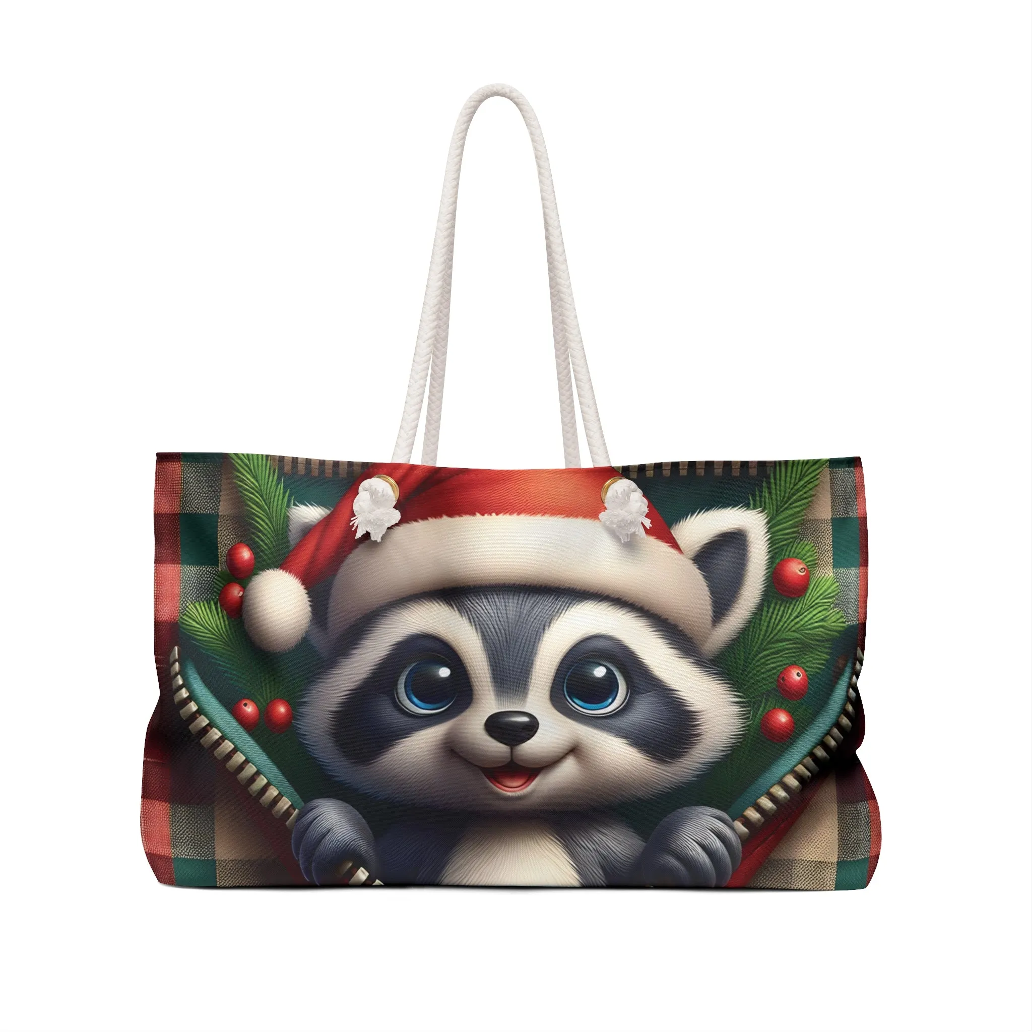 Personalised/Non-Personalised Weekender Bag, Cute Racoon, Christmas, Tartan, Large Weekender Bag, Beach Bag, Book Bag