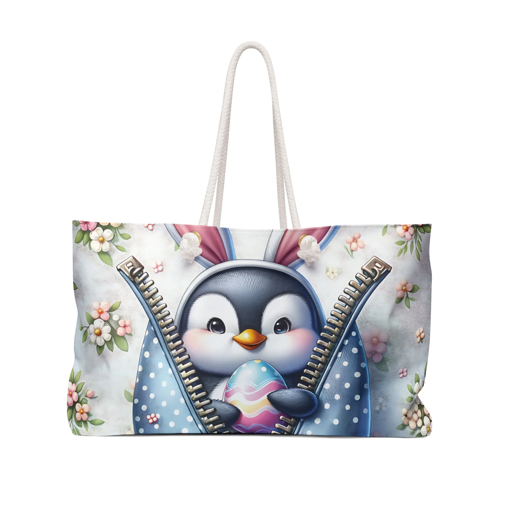 Personalised/Non-Personalised Weekender Bag, Easter, Cute Penguin with Bunny Ears, Large Weekender Bag, Beach Bag, Book Bag