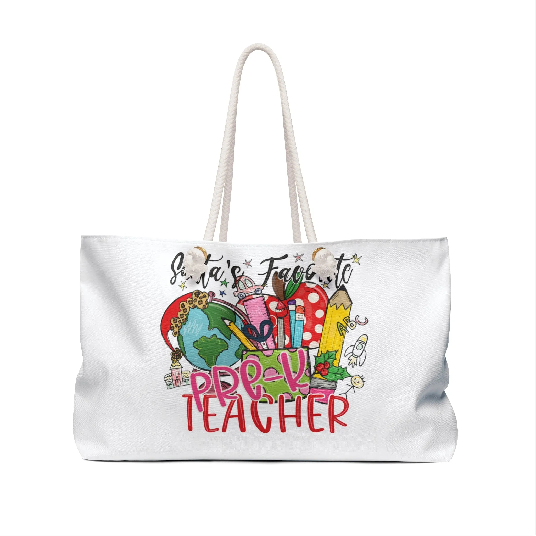 Personalised/Non-Personalised Weekender Bag, Santa's Favorite Pre-K Teacher, Large Weekender Bag, Beach Bag, Book Bag