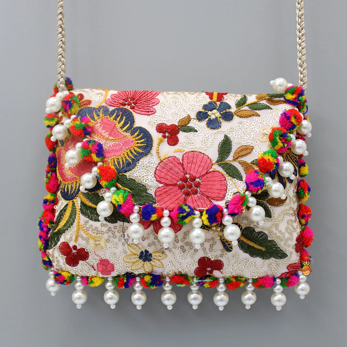 Pre Order: Vibrant Multicolour Flowers Embroidered Sling Bag