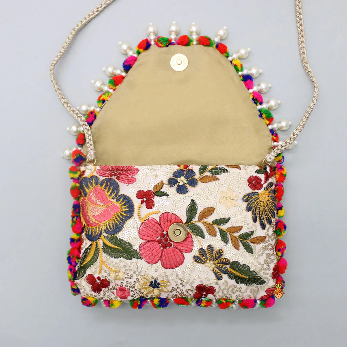 Pre Order: Vibrant Multicolour Flowers Embroidered Sling Bag