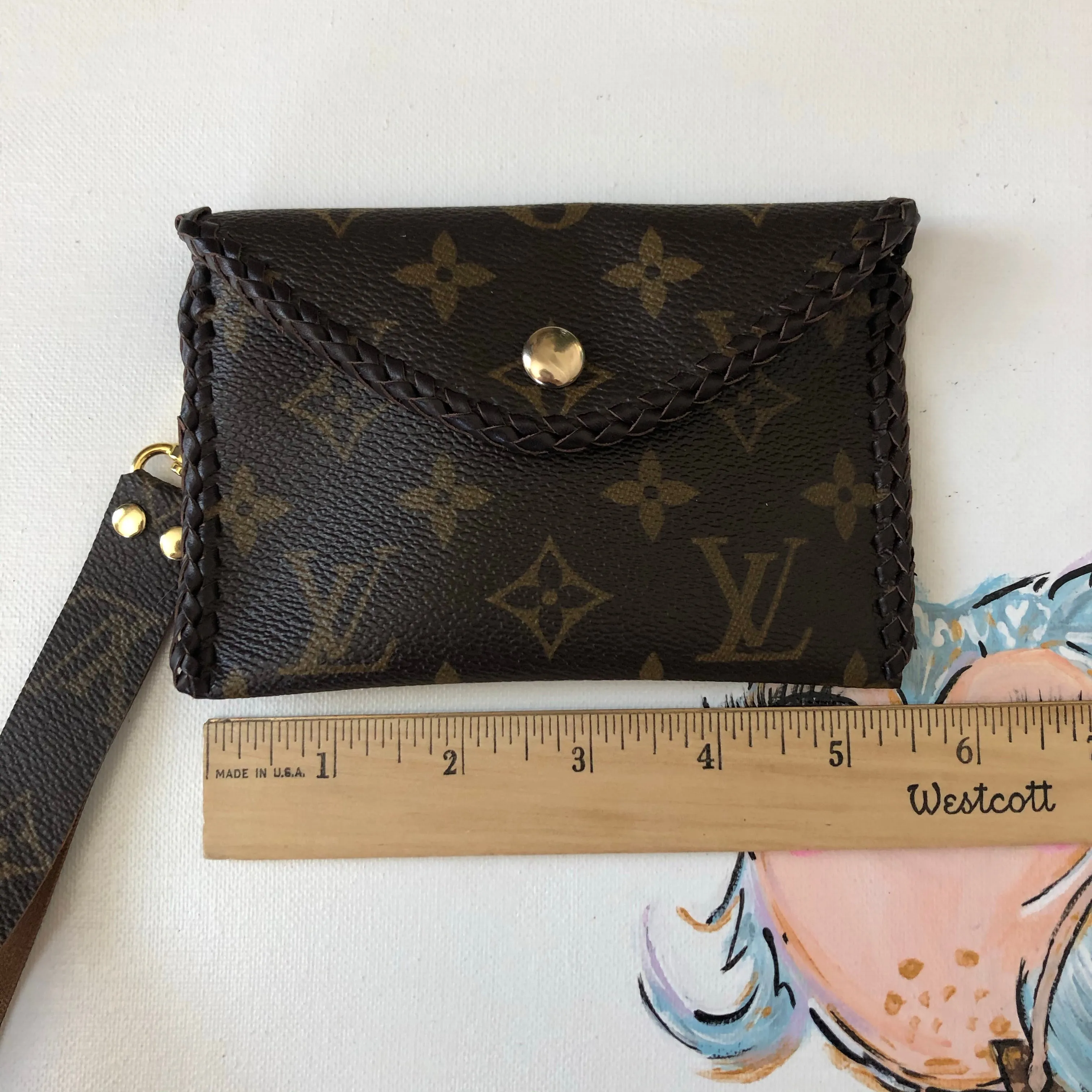 The Cardinal - Red inside Vintage Monogram Card Holder/Wallet/Keychain