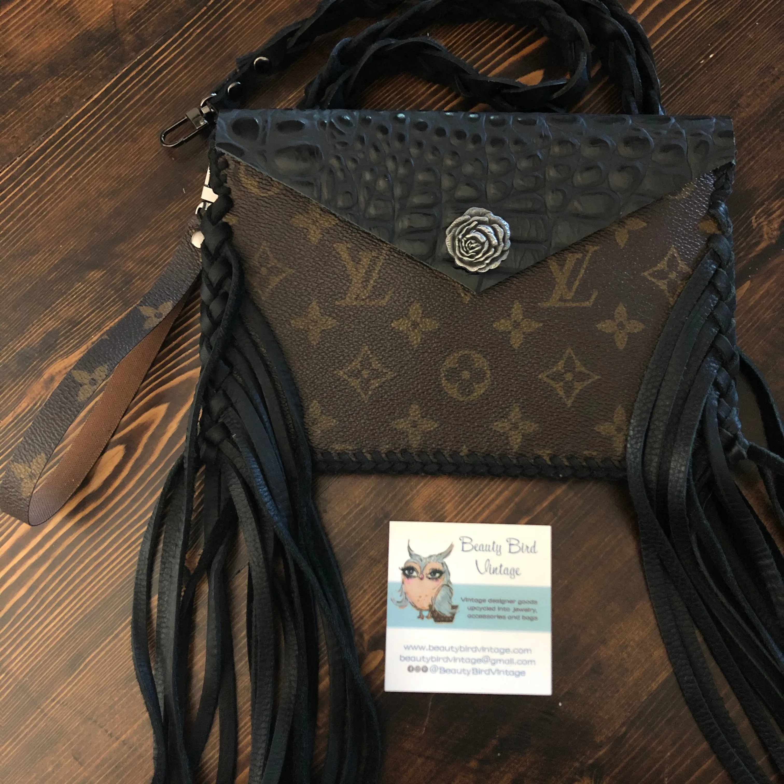 The Fringed Wren - Black Vintage Wristlet/Crossbody/Clutch Bag in Monogram