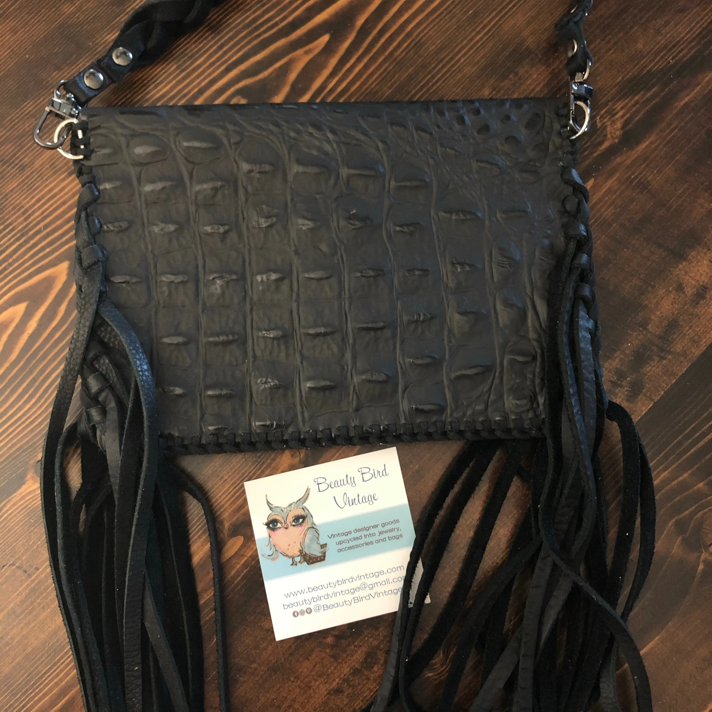 The Fringed Wren - Black Vintage Wristlet/Crossbody/Clutch Bag in Monogram