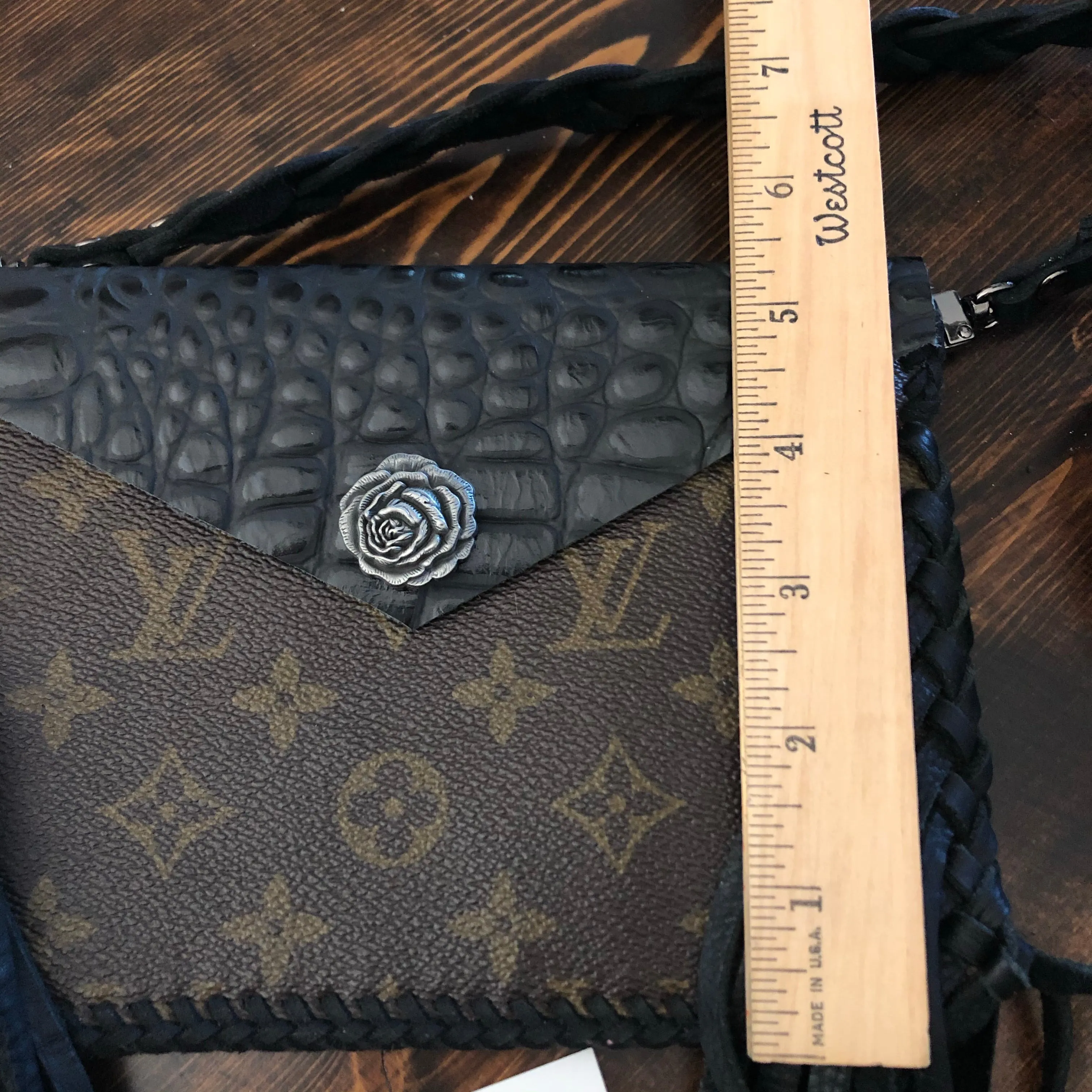 The Fringed Wren - Black Vintage Wristlet/Crossbody/Clutch Bag in Monogram