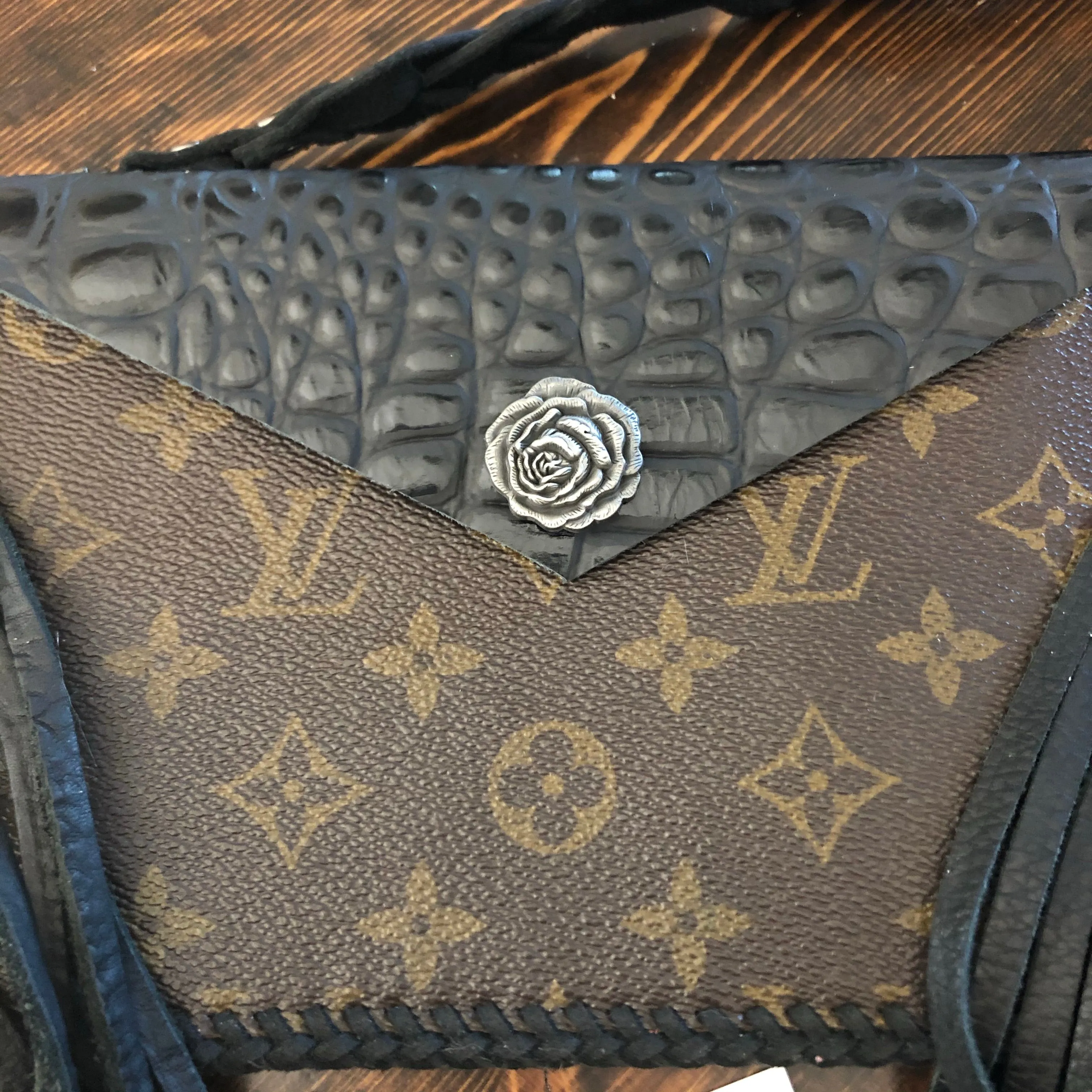 The Fringed Wren - Black Vintage Wristlet/Crossbody/Clutch Bag in Monogram