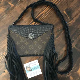 The Fringed Wren - Black Vintage Wristlet/Crossbody/Clutch Bag in Monogram