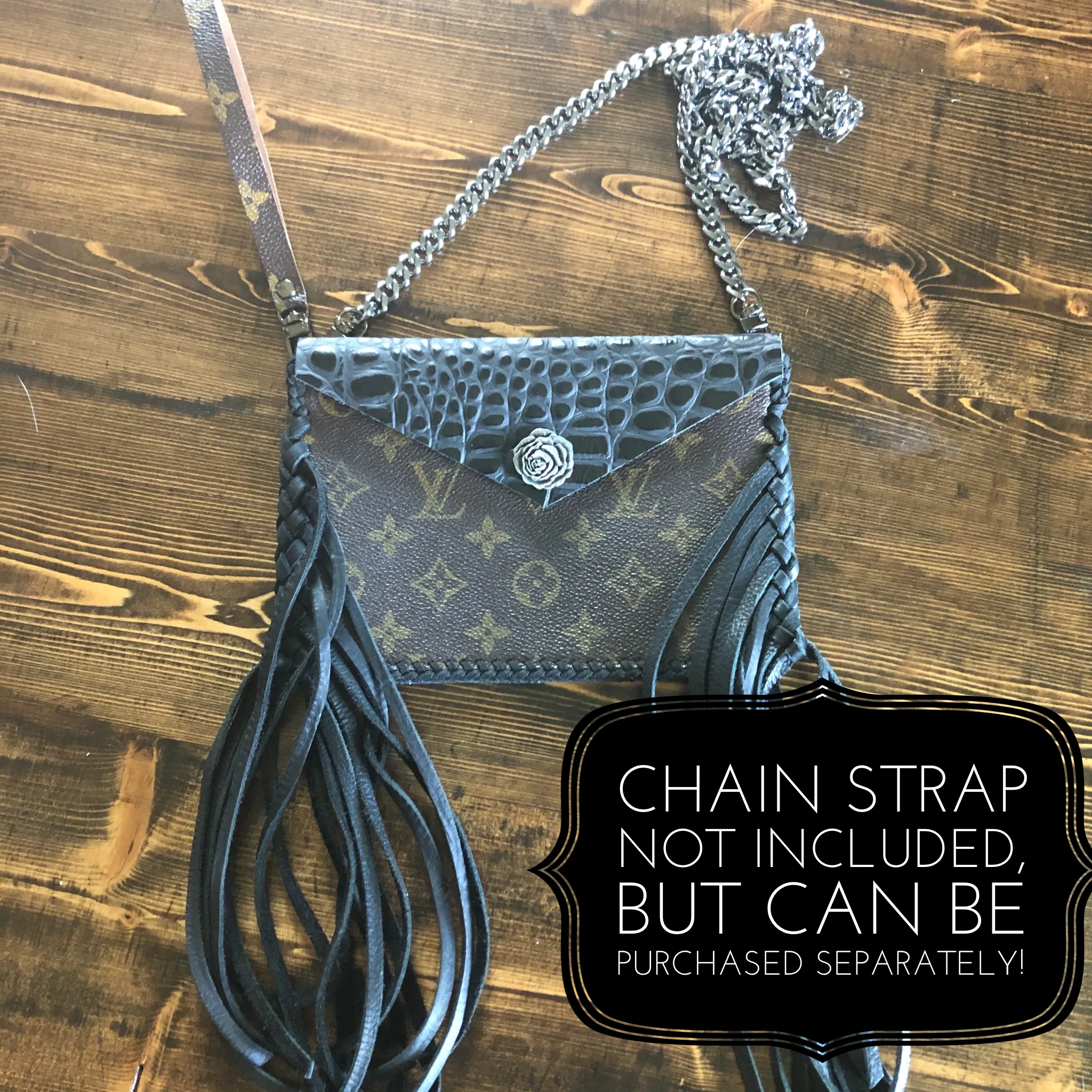 The Fringed Wren - Black Vintage Wristlet/Crossbody/Clutch Bag in Monogram