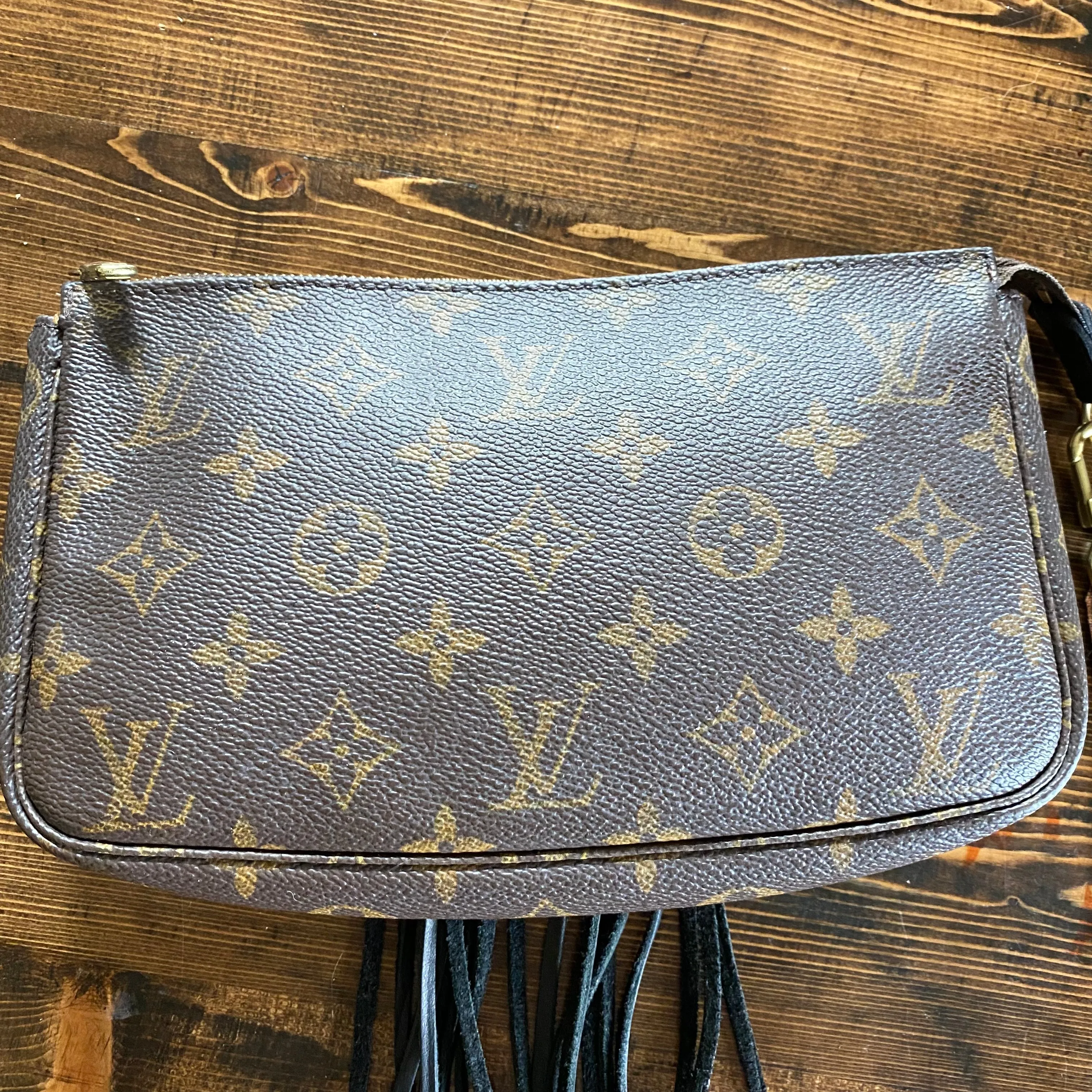 The Junco - Black Fringe Vintage Monogram Wristlet Bag