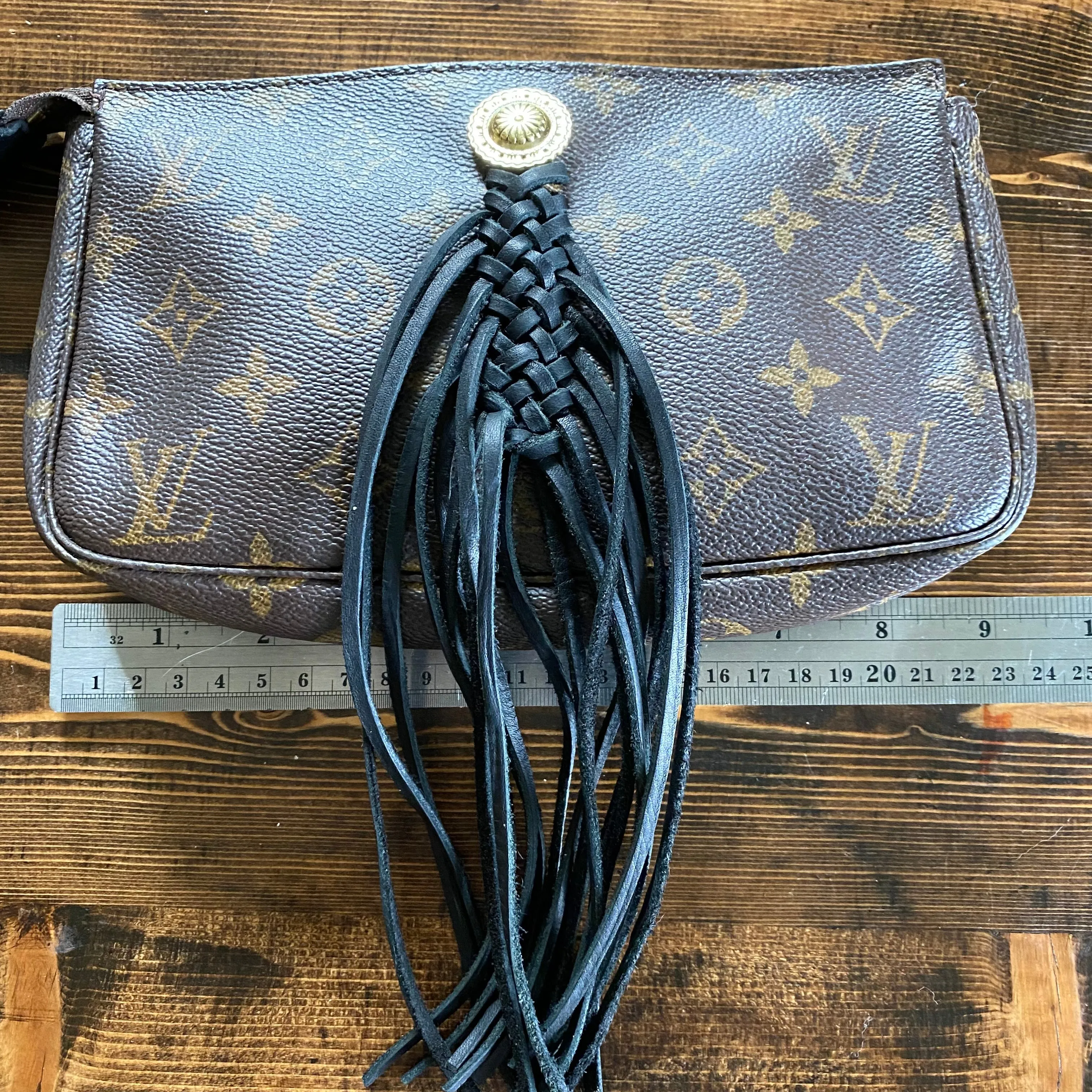 The Junco - Black Fringe Vintage Monogram Wristlet Bag