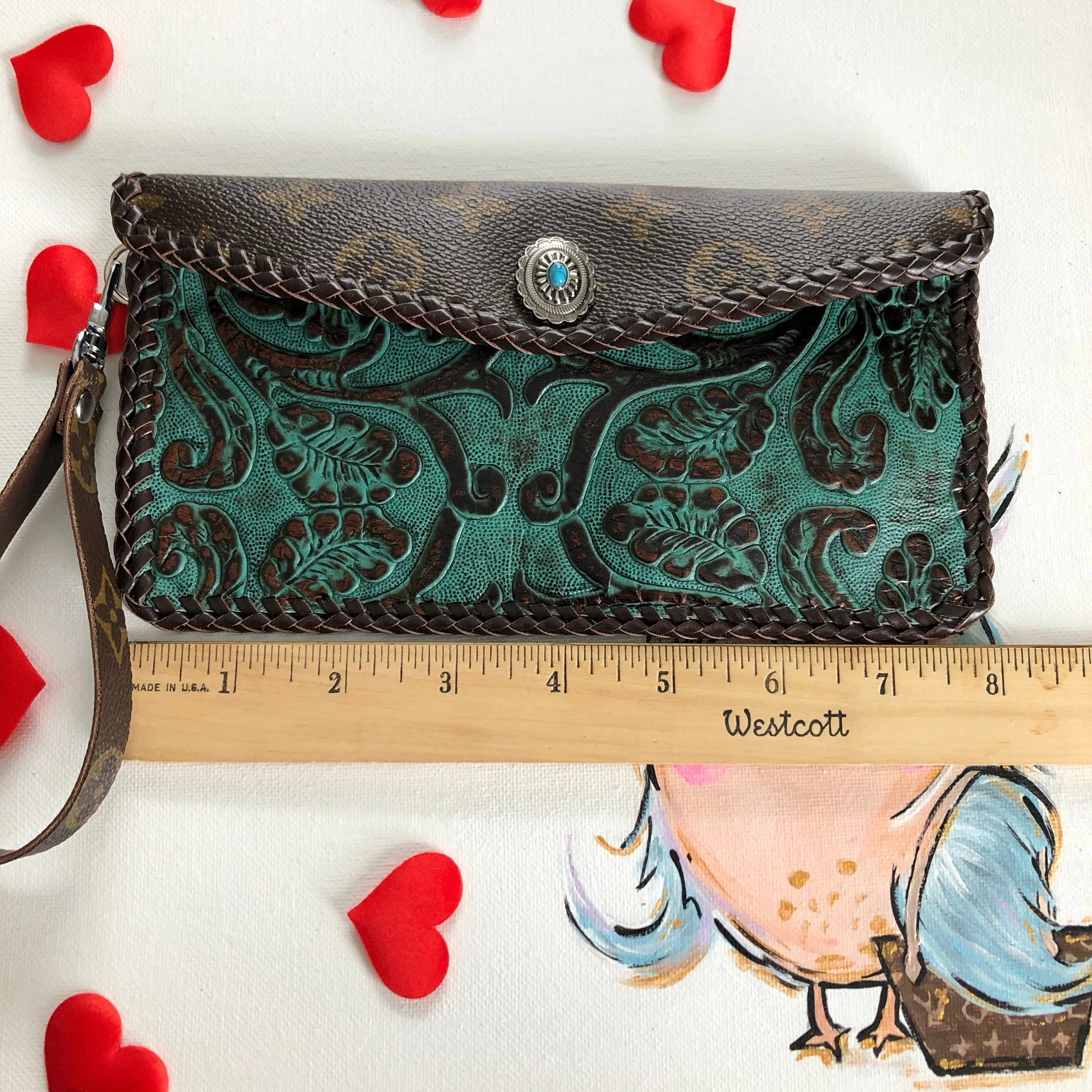 The Wren Wallet - Monogram & Turquoise Wristlet/Clutch Bag
