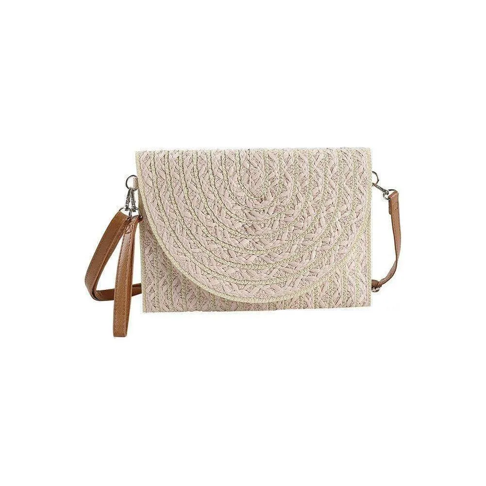 Two Tone Stripe Pattern Straw Clutch Crossbody Bag