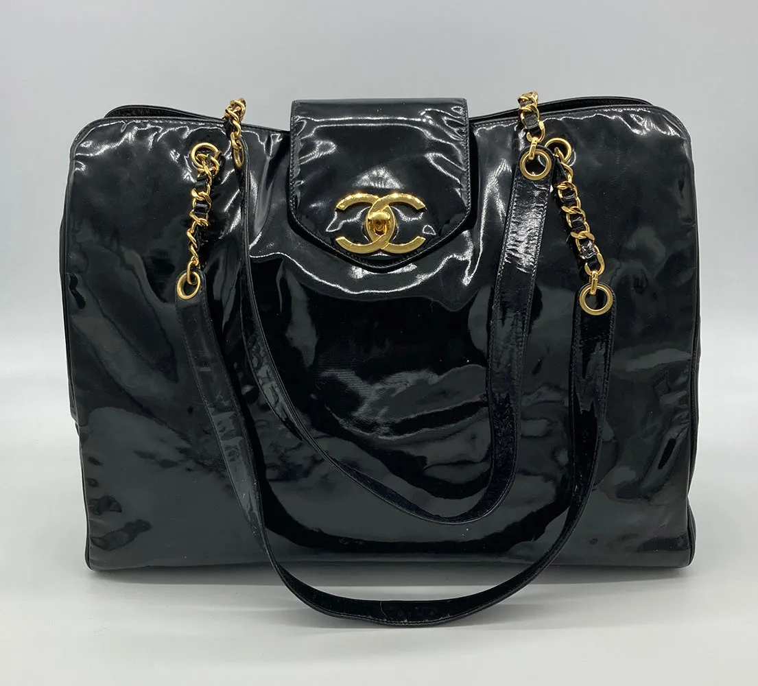 Vintage Chanel Black Patent XL Weekender Super Model Tote
