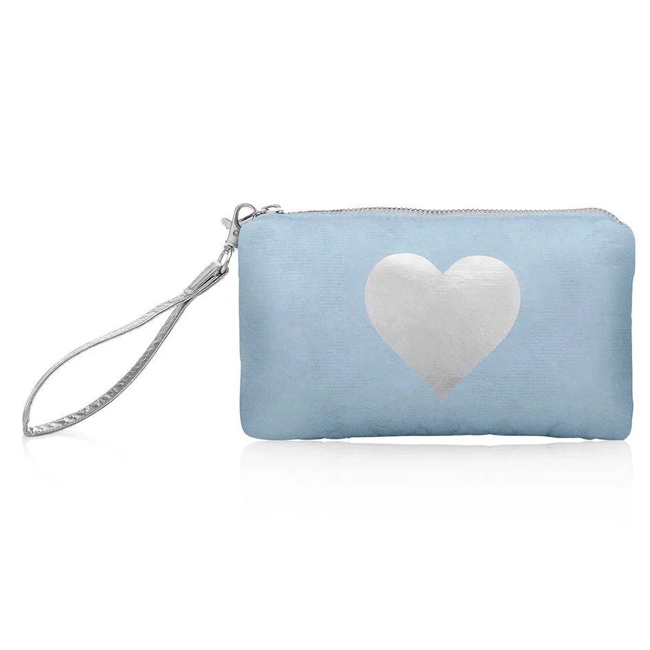 Zip Wristlet in Shimmer Ice Blue with Silver Heart