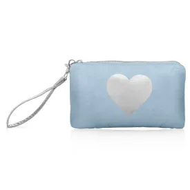 Zip Wristlet in Shimmer Ice Blue with Silver Heart